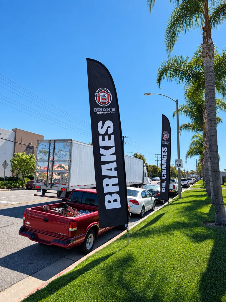 Brakes flag along the curb outside Brian's Auto Service in Anaheim