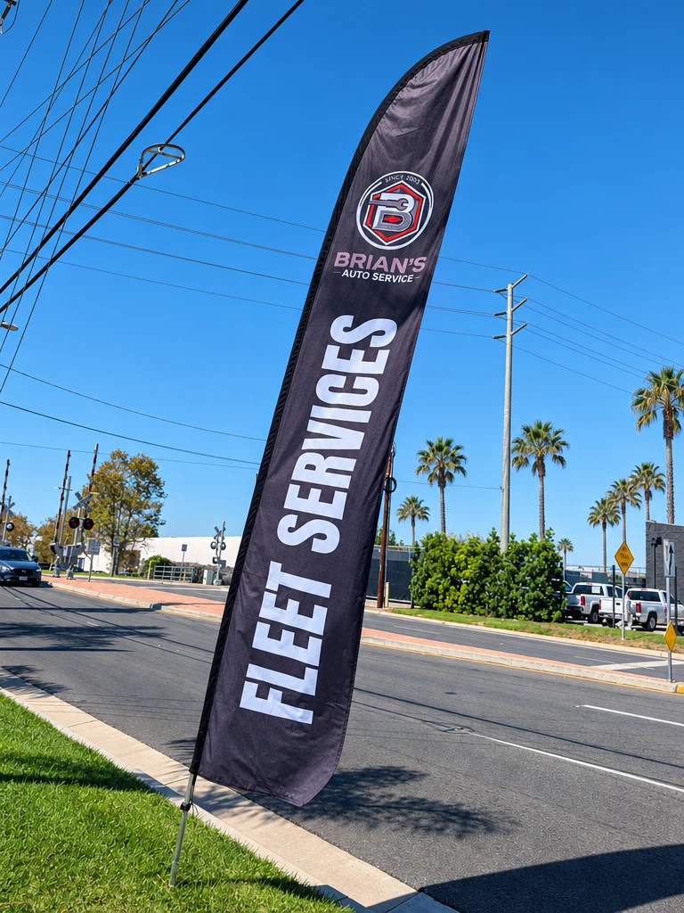 Fleet Services flag outside Brian's Auto Service on Miraloma Ave in Anaheim