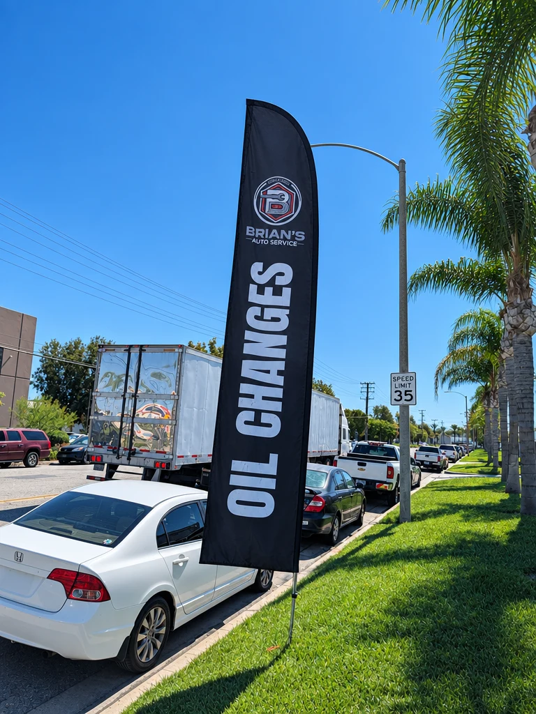 Oil Changes flag along the curb on Miraloma Ave in Anaheim
