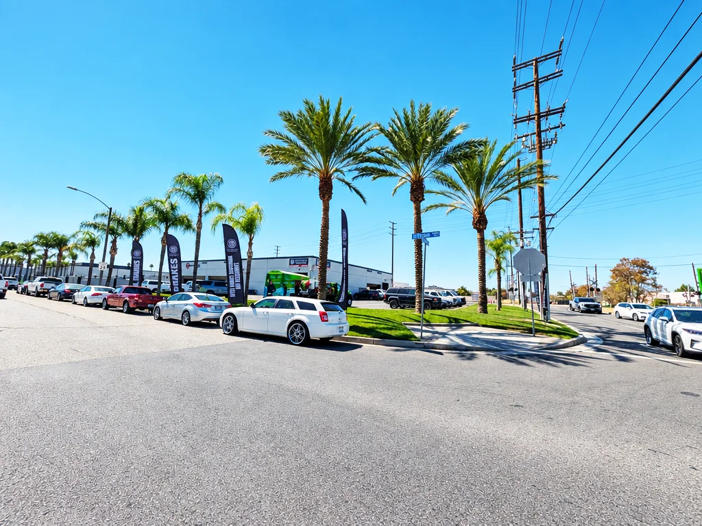 Brian's Auto Service seen from the street at Jefferson and Miraloma in Anaheim, with service flags and palm trees along the curb